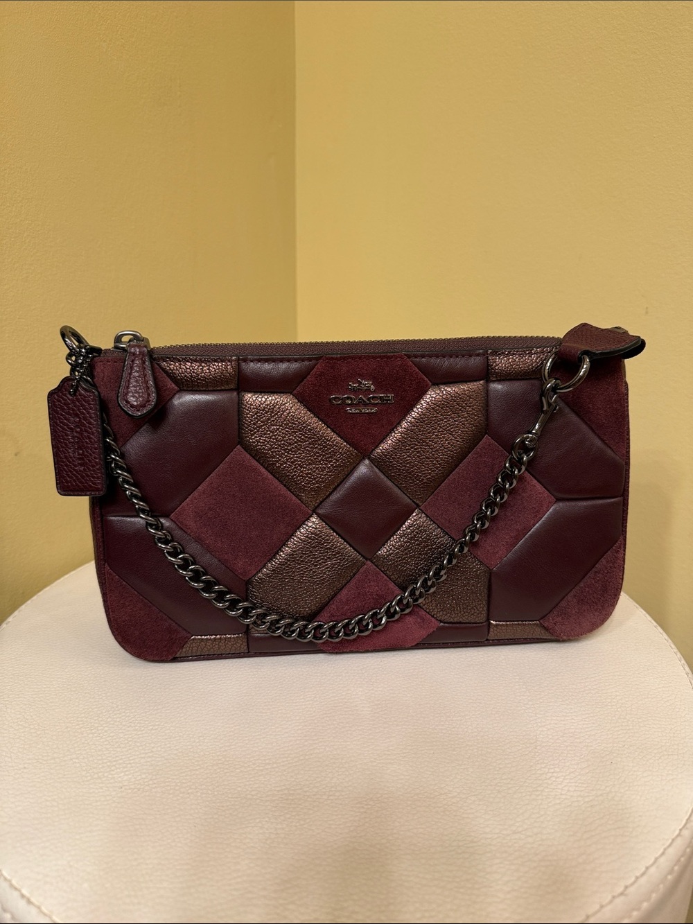 COACH Burgundy Patchwork Chain Wristlet